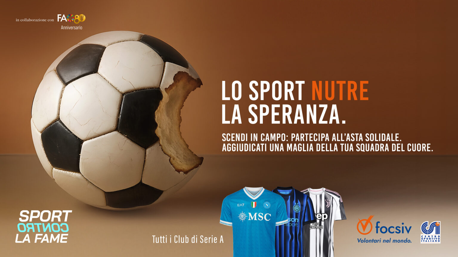 “Sport contro la fame”: al via su CharityStars l’asta solidale promossa dalla Focsiv con le maglie della Serie A